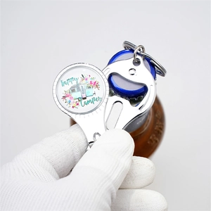 Multifunctional happy camper keychain with built-in bottle opener and nail clipper tool