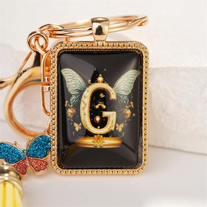 Vintage Butterfly Alphabet Letter Keychain Gold Plated Tassel Rectangle Pendant Keychain Charm Fashion Jewelry Accessory For Women