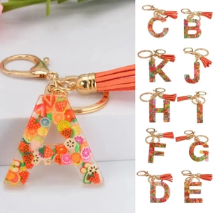Porte-clés Lettre en Résine Transparente Avec Tranches de Fruits Colorées Fermoir Doré Gland Orange Pendentif Sac à Main Femme Cadeau