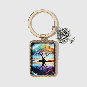 Creative Life Tree glass keychain with gold ring and silver pendant for couples