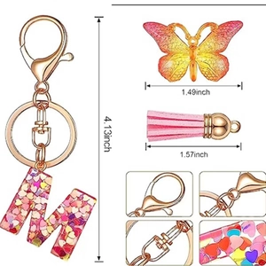 Pink heart sequin resin letter M keychain with butterfly pendant and pink tassel