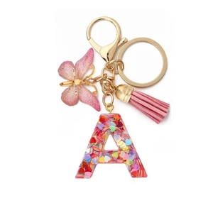 Sweet Pink Heart Sequin Resin Initial Keychain Butterfly Tassel Gold Metal Letter Bag Charm Women Key Ring Accessory
