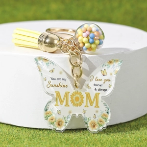 Acrylic butterfly MOM keychain with sunflower, yellow tassel and colorful foam beads