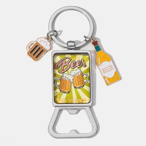 Vintage portable beer bottle opener keychain with glass pendant and metal charms for dad