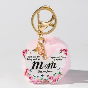 Blumiger Acryl Schmetterling Schlüsselanhänger für Mama mit rosa Kunstpelz Bommel