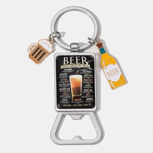 Close-up of metal beer opener keychain with beer types chart and enamel charms