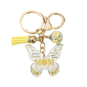 Acrylic butterfly MOM keychain with yellow tassel and colorful beads for Mother's Day