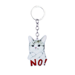 Porte-clés chat rigolo en acrylique avec texte NO et anneau métallique pour sacs