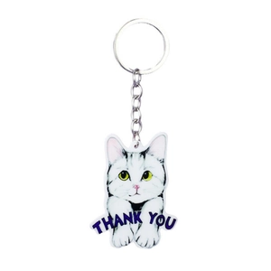 Détail du porte-clés chat joyeux en acrylique avec anneau argenté et texte Thank You