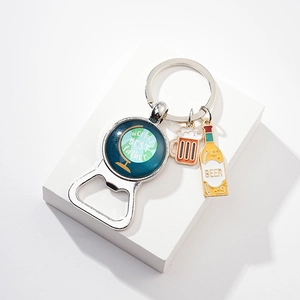 Detail of metal bottle opener keychain with Father's Day motifs and beer charms