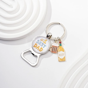 Detailed view of silver bottle opener keychain with #1 Best Dad and beer charms