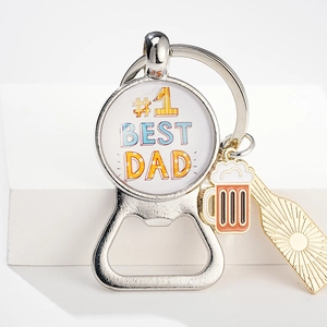 Macro detail of silver #1 Best Dad bottle opener keychain with colorful charms