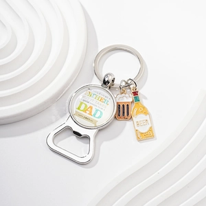 Detail of metal Father's Day bottle opener keychain with beer mug and bottle charms