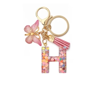Pink heart sequins resin letter H keychain with butterfly and tassel pendant charm