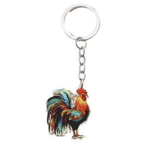 Artistic acrylic rooster keychain with colorful double-sided print and silver metal ring