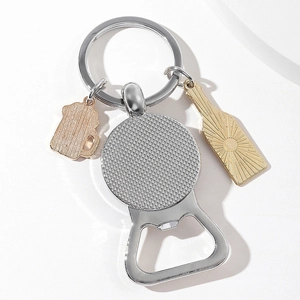 Silver zinc alloy bottle opener keychain with golden beer mug and engraved bar pendants