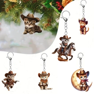 Porte-clés Chat Cowboy en Acrylique Style Western Américain Pendentif Chat pour Rétroviseur de Voiture Porte-clés Plat Imprimé Animal Mignon