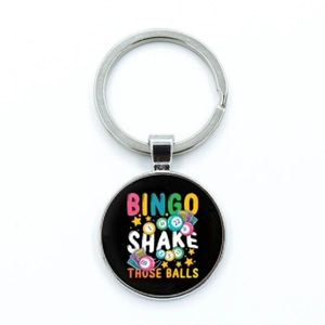 Vintage zinc alloy bingo keychain with round glass pendant featuring bingo ball design