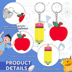 Detail view of durable acrylic apple and pencil charms on teacher appreciation keychains