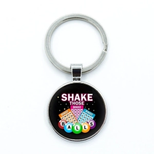 Vintage zinc alloy bingo keychain featuring a round glass pendant with colorful ball design