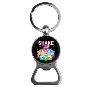 Silver zinc alloy bingo bottle opener keychain with glass bingo ball design element