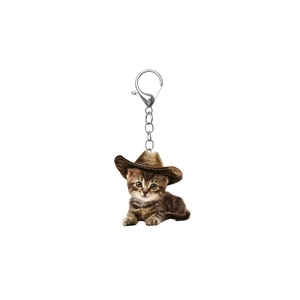 Cute tabby kitten in denim cowboy hat acrylic keychain pendant with silver metal lobster clasp