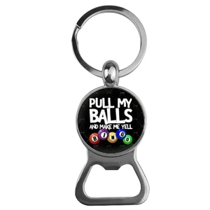 Close-up of zinc alloy bingo bottle opener keychain with colorful printed slogan