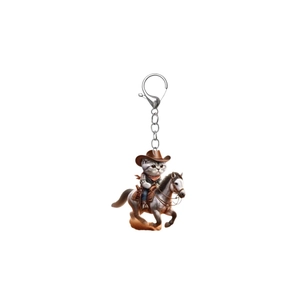 2D Acrylic keychain featuring a cute cowboy cat riding a horse with metal clasp
