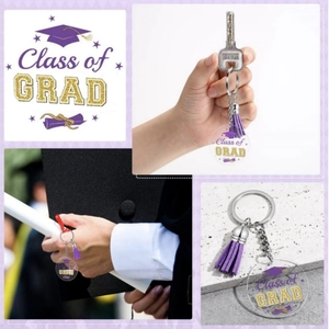Acrylic graduation keychain set with purple leather tassel and Class of GRAD engraving