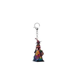 Detail of stained glass style witch acrylic keychain with silver metal lobster clasp