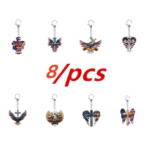2D Flat Acrylic Cross Eagle Keychain American Flag Pattern God Bless USA Car Pendant Religious Patriotic Key Ring Ornament