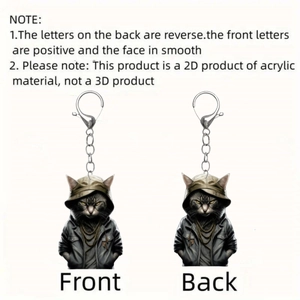 2D acrylic cool cat keychain wearing hoodie and chains, front and back views