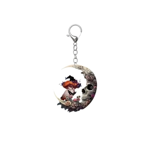 Detailed 2D acrylic crescent moon keychain featuring a gothic owl with a skull and flowers