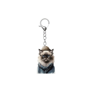 Flat acrylic keychain showing a cat wearing a knit hat, glasses and a blue scarf detail