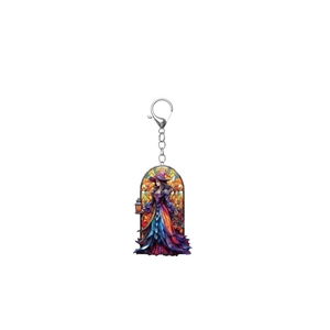 Detail of colorful witch acrylic keychain with stained glass style and silver lobster clasp