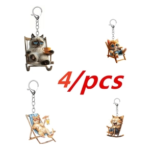 Funny Cartoon Cat Acrylic Keychain 2D Flat Lounger Cat Pendant Humor Bag Car Decor Accessories For Women Men Cat Lover Gift