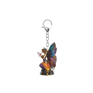 Fantasy fairy acrylic keychain with colorful translucent wings and antique metal finish