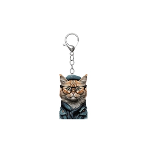 Detailed view of 2D acrylic keychain with creative cat illustration and silver lobster clasp