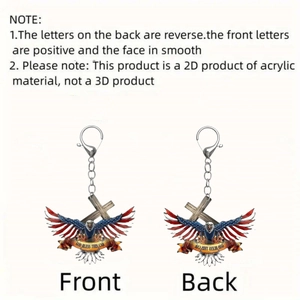 2D acrylic eagle cross keychain with American flag design and God Bless This Car text