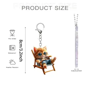 Acrylic 2D cartoon orange cat keychain with sunglasses on beach chair, 8cm height