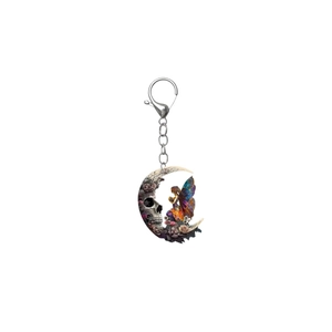 Gothic moon keychain with skull, colorful winged fairy and purple flowers for women