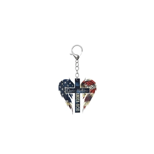 Eagle wings cross keychain with American flag design and One Nation Under God text