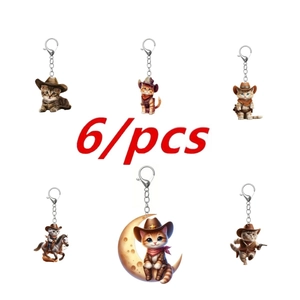Western Cowboy Cat Acrylic Keychain 2D Flat Cartoon Cat Pendant For Women Bag Charms Car Rearview Mirror Ornament