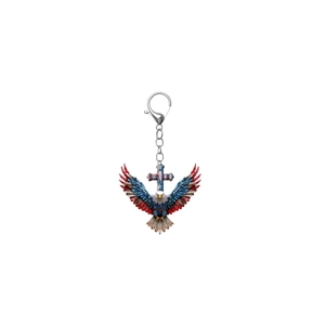 Macro shot of 2D acrylic American eagle cross keychain with eagle and flag detail