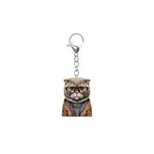 Stylish 2D acrylic cat keychain with hipster cat illustration for keys and car mirrors