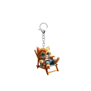 Detail view of 2D acrylic keychain featuring a cartoon cat lounging on a beach chair