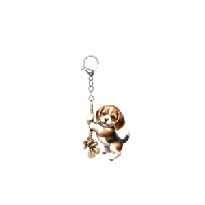 Detail of 2D acrylic beagle puppy pendant with textured rope and silver lobster clasp