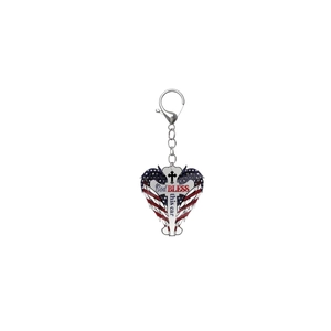 Detail view of the God Bless this car eagle cross keychain with American flag design