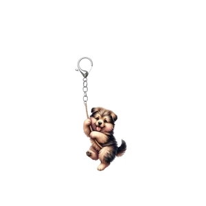 Detail of 2D acrylic German Shepherd puppy keychain with climbing rope design
