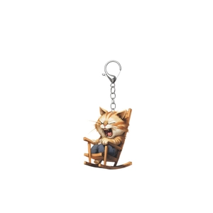 2D acrylic keychain featuring a cute orange tabby cat in a rocking chair with silver chain